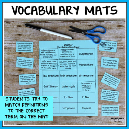Vocabulary mats for weather and climate with definitions and terms