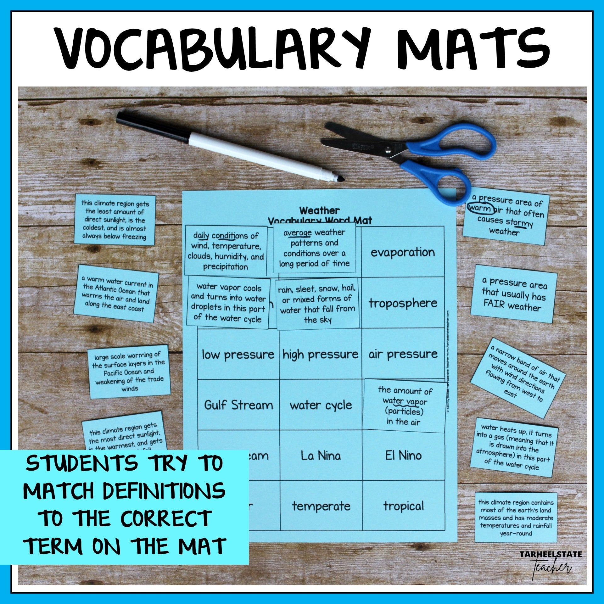 Vocabulary mats for weather and climate with definitions and terms