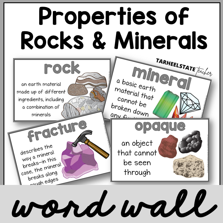 Educational posters about rocks and minerals with definitions and illustrations for science word wall or bulletin board