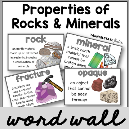 Educational posters about rocks and minerals with definitions and illustrations for science word wall or bulletin board