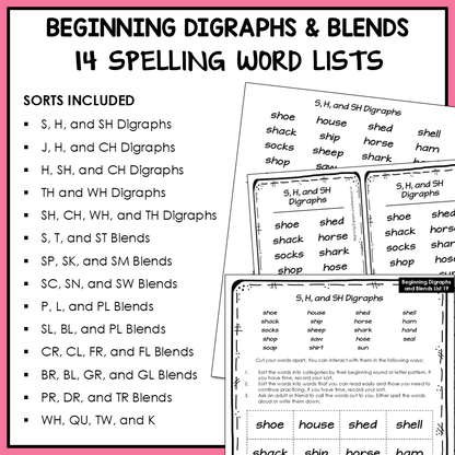 Digraphs and Initial Consonant Blends Activities SH CH TH Letter Name Printable