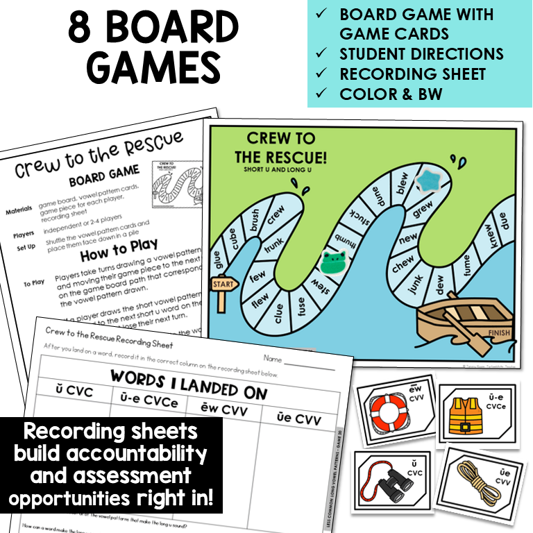 Educational board game set with game cards, directions, and recording sheets for teaching phonics.