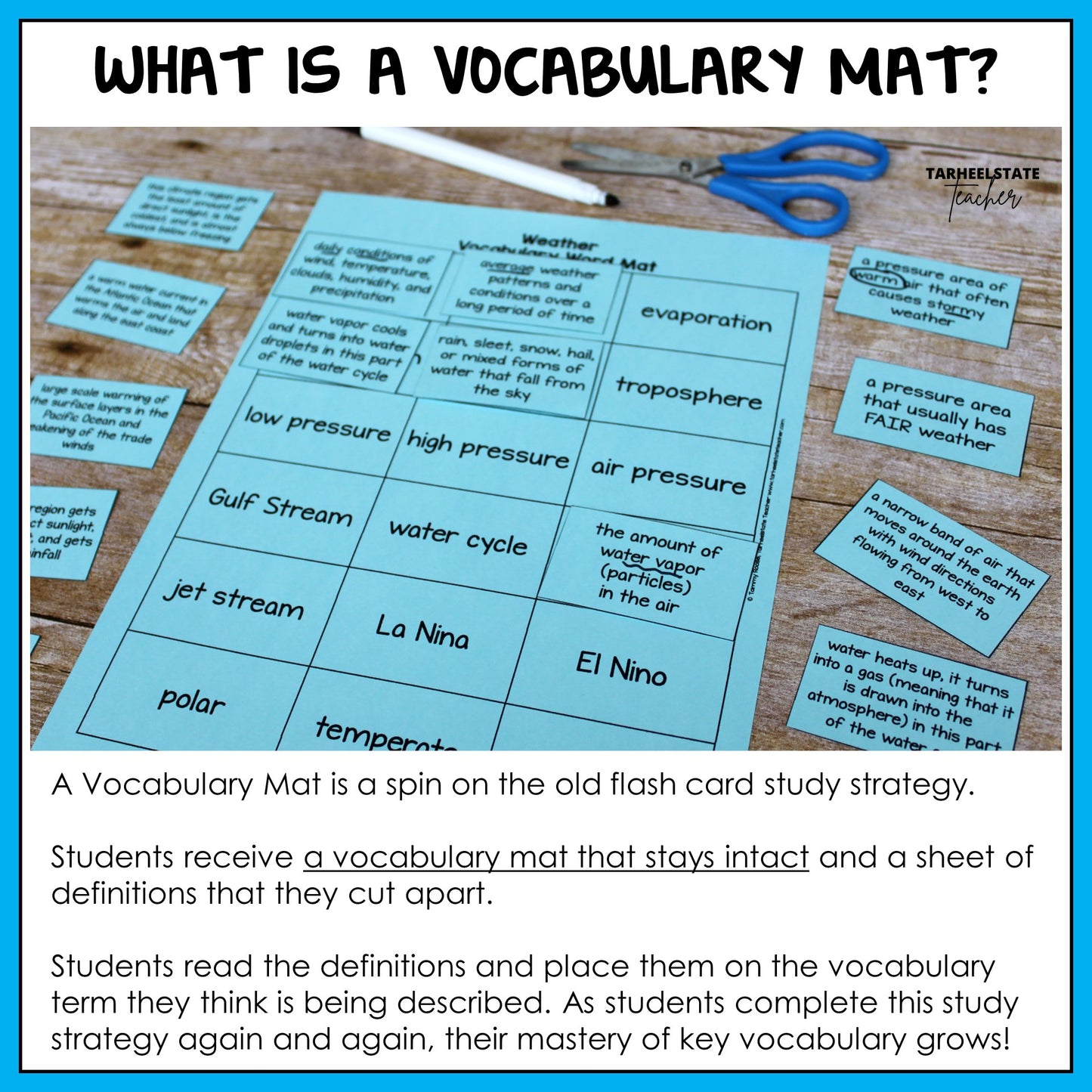 Vocabulary mat with cut-out terms and definitions on weather and climate