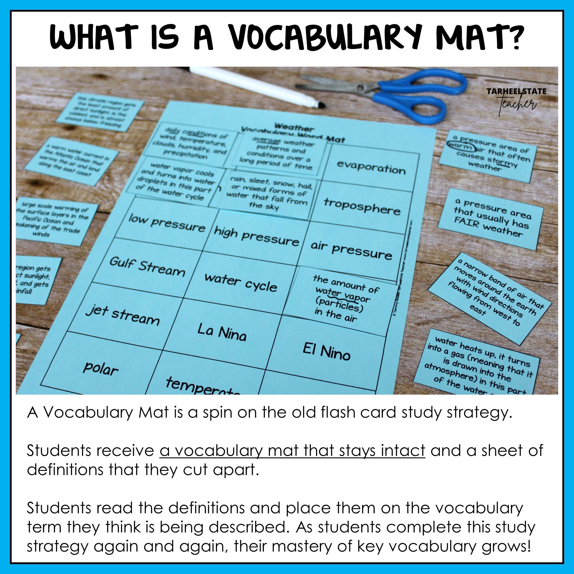 Vocabulary mat with cut-out terms and definitions on weather and climate