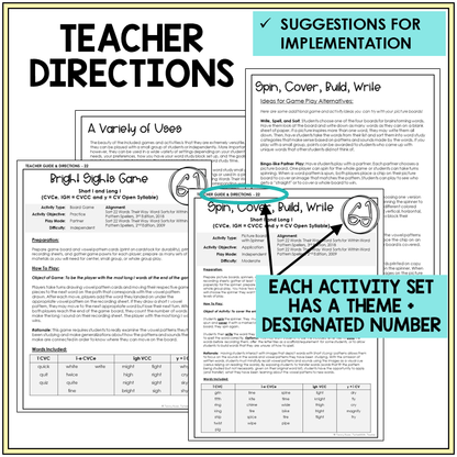 Teacher directions and suggestions for implementation for incorporating word study games and centers in the classroom