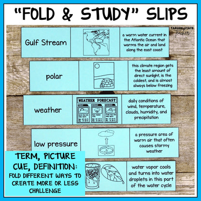 Educational 'Fold & Study' slips with weather and climate terms and definitions