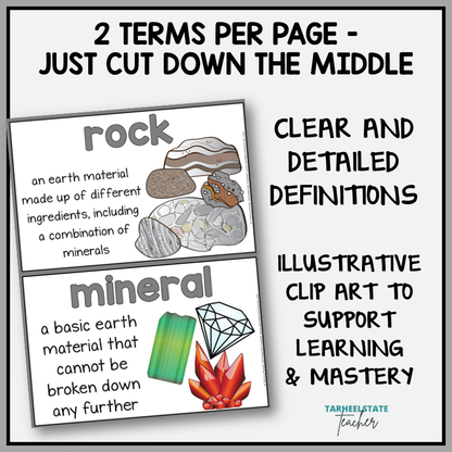 Rocks and Minerals vocabulary terms on anchor charts with illustrative clip art for science word wall or bulletin board