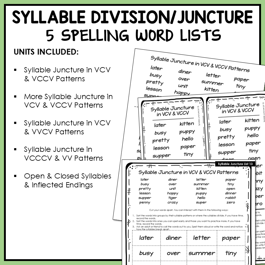 Syllable Division VCV VCCV Open and Closed Syllables Affixes Activity Printable
