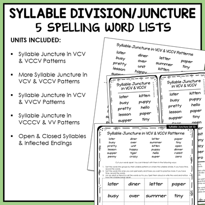 Syllable Division VCV VCCV Open and Closed Syllables Affixes Activity Printable