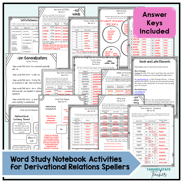 Collection of morphology word study activities with answer keys included