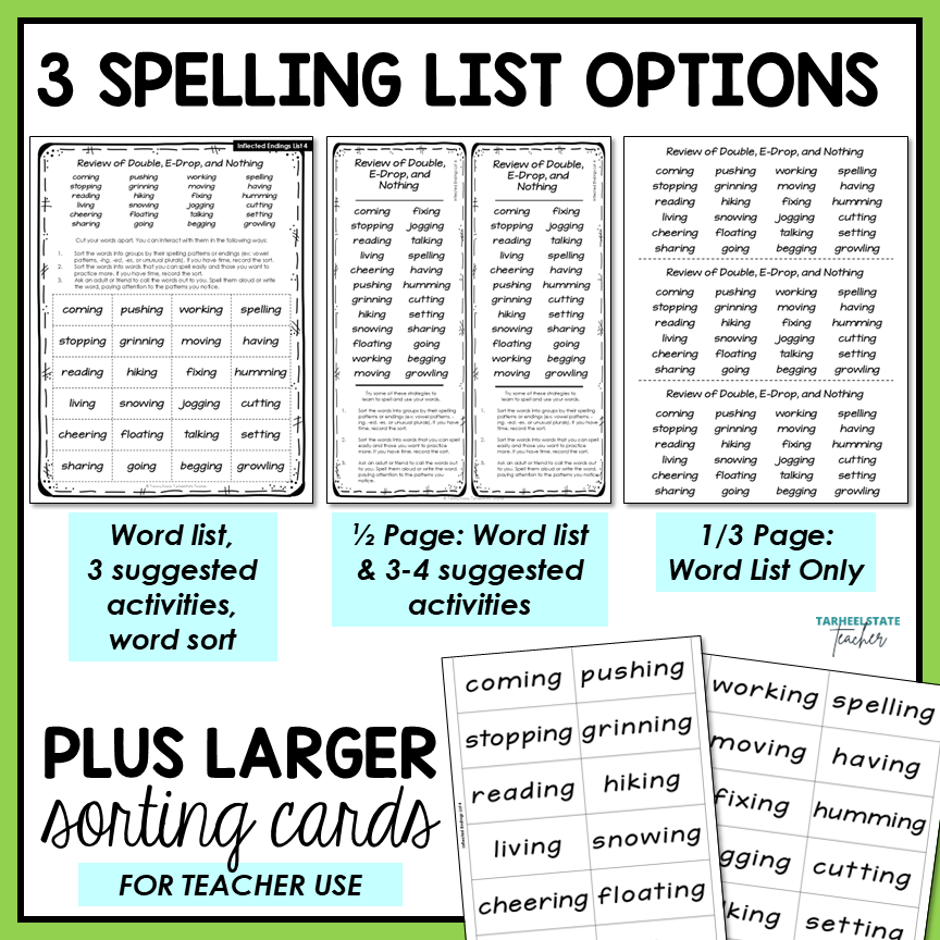 Spelling list options with word lists and activities for weekly homework spelling routine