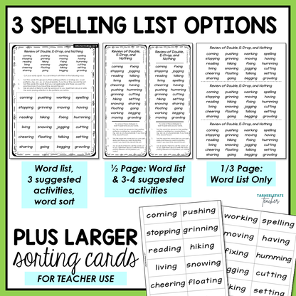 Spelling list options with word lists and activities for weekly homework spelling routine