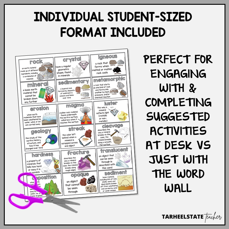 Rocks and Minerals vocabulary resource includes individual student-sized study and reference sheet to use with vocabulary activities