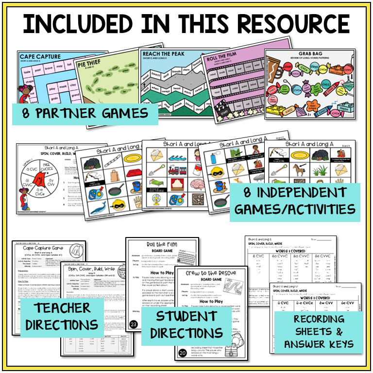 Educational materials including partner games, independent activities, teacher and student directions, and recording sheets.