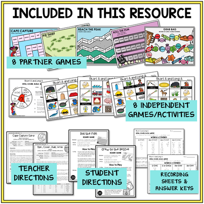 Educational materials including partner games, independent activities, teacher and student directions, and recording sheets.