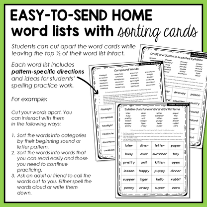 Spelling word lists with sorting cards to send home with students in the Syllables and Affixes stage.