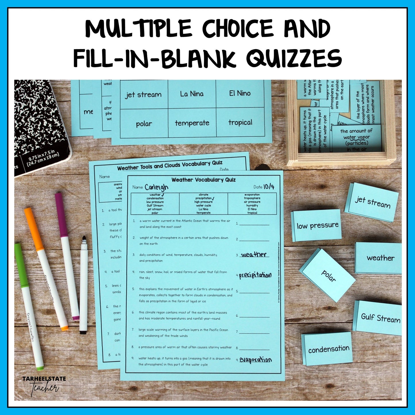 Multiple choice and fill-in-the-blank quizzes for checking student understanding and test prep