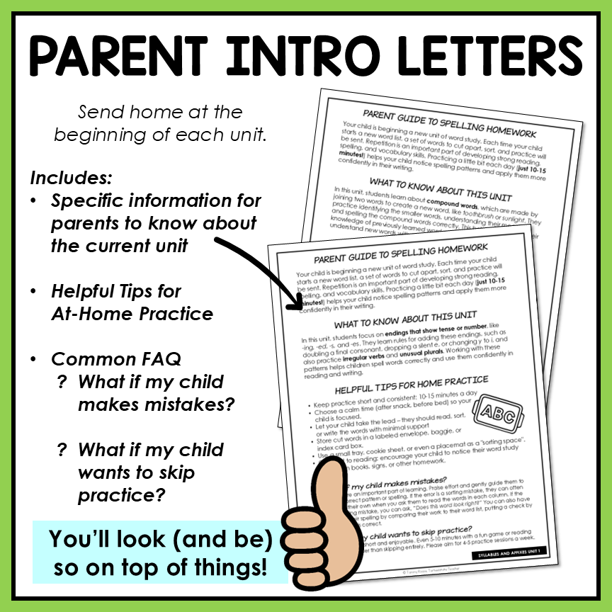 Parent introduction letters included in resource to send home with weekly spelling lists and sorts.