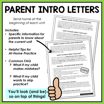 Parent introduction letters included in resource to send home with weekly spelling lists and sorts.