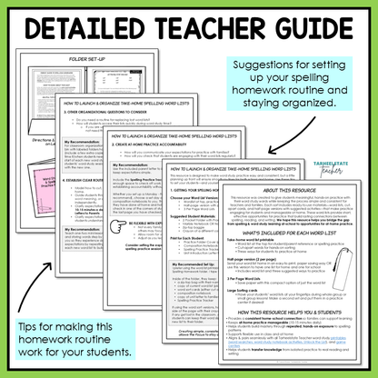 Detailed teacher guide with tips for setting up a spelling homework routine