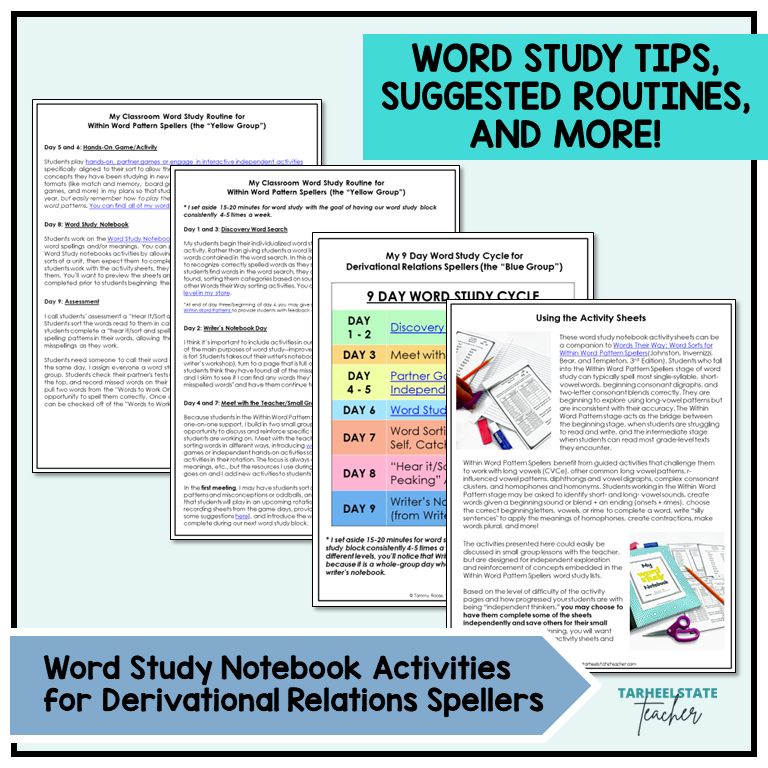 Word study notebook tips and suggested routines for derivational relations spellers included