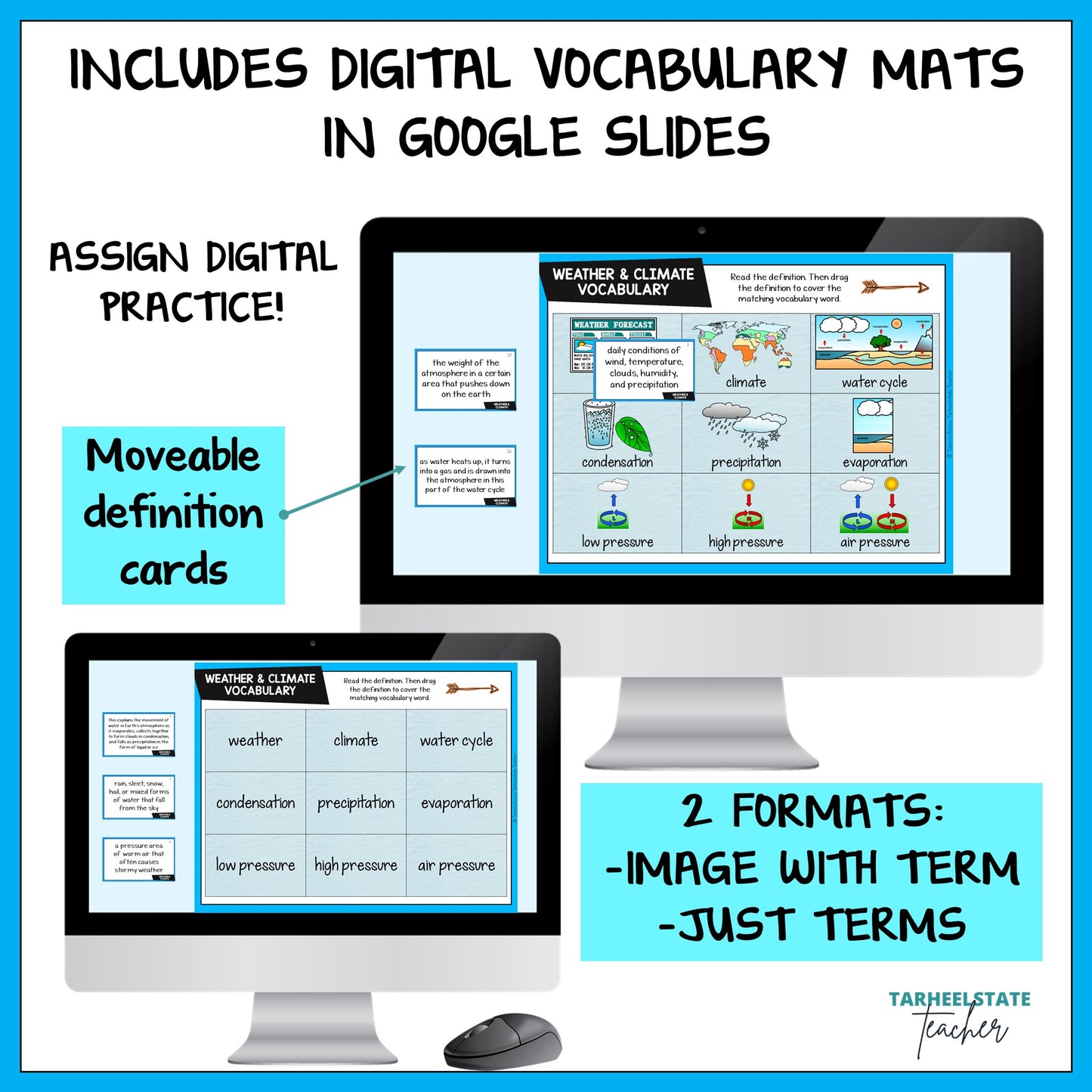 Digital vocabulary mats with Google Slides on a computer screen, featuring text about assign digital practice and movable definition cards.