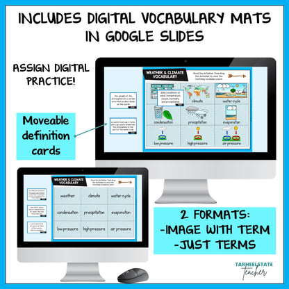 Digital vocabulary mats with Google Slides on a computer screen, featuring text about assign digital practice and movable definition cards.