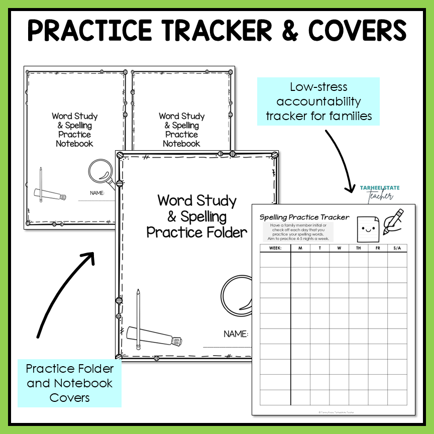 Practice tracker and covers for spelling homework routine.