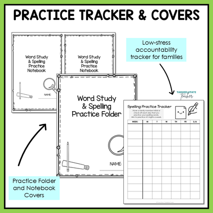 Practice tracker and covers for spelling homework routine.