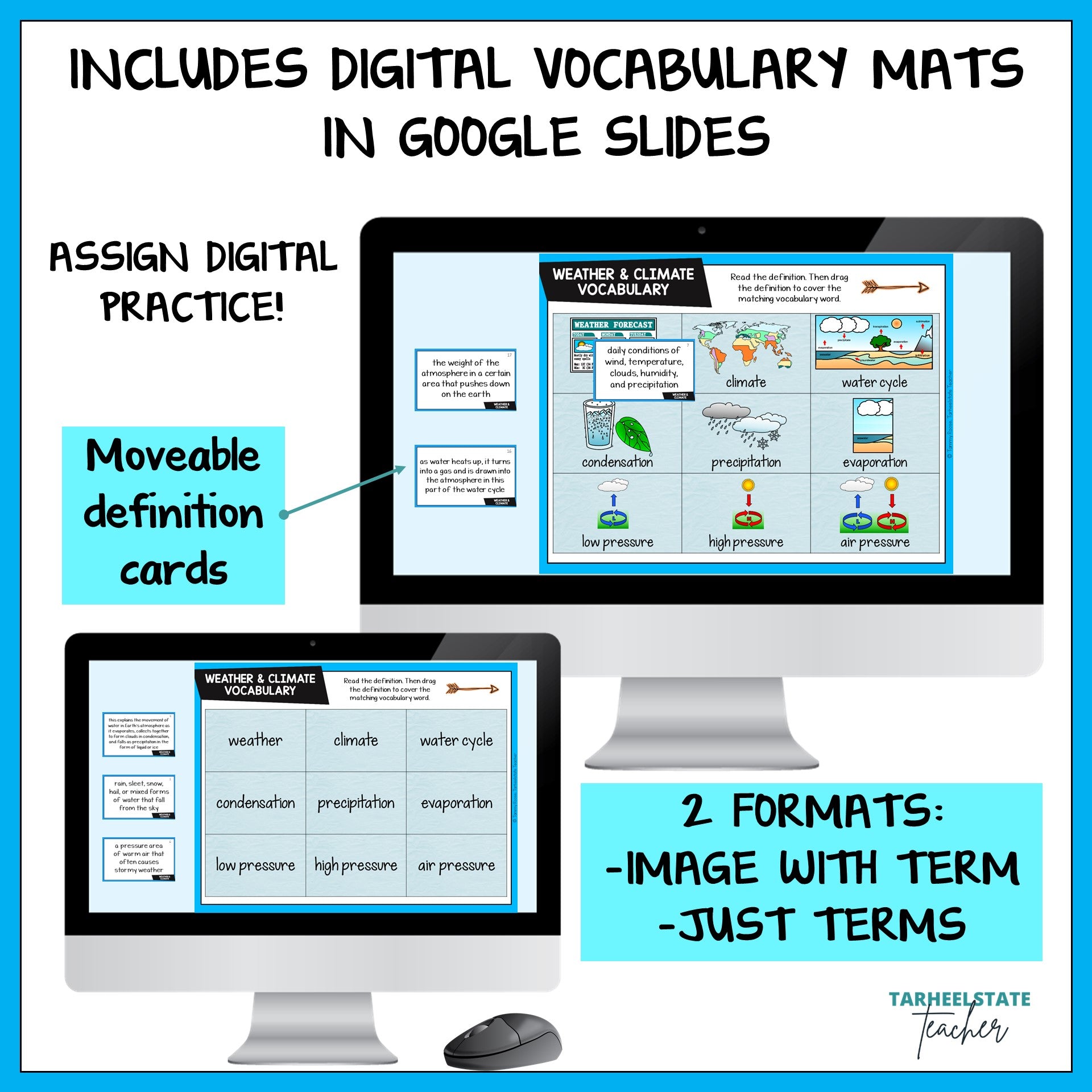 Digital vocabulary mats with Google Slides on a computer screen, featuring text about assign digital practice and movable definition cards.