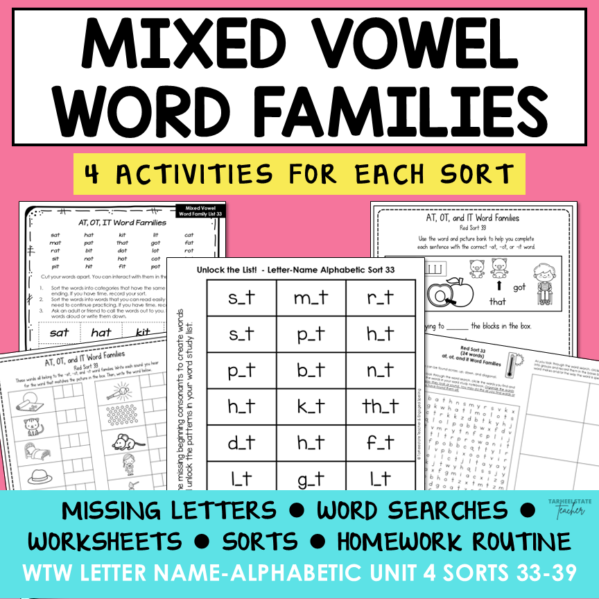 Short A, E, I, O, U Mixed Vowel Word Family Lists Letter Name Activity Printable