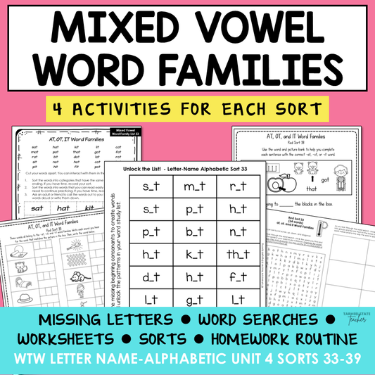 Short A, E, I, O, U Mixed Vowel Word Family Lists Letter Name Activity Printable
