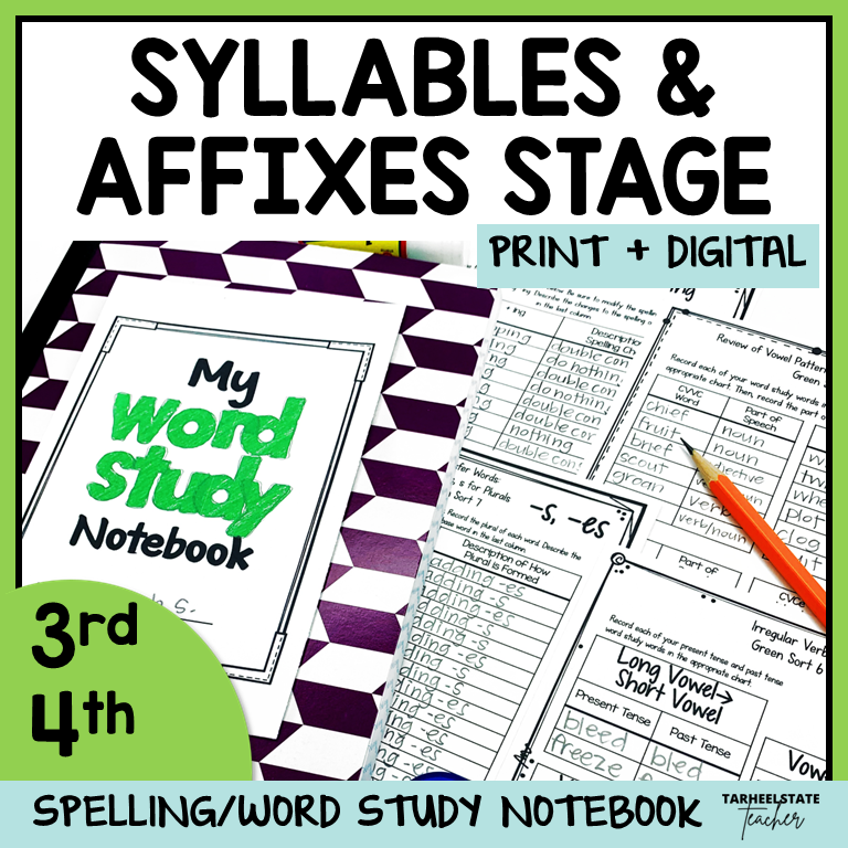 Interactive spelling notebook activities for students in the Syllables and Affixes spelling stage