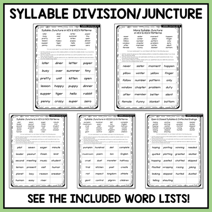 Syllable Division VCV VCCV Open and Closed Syllables Affixes Activity Printable