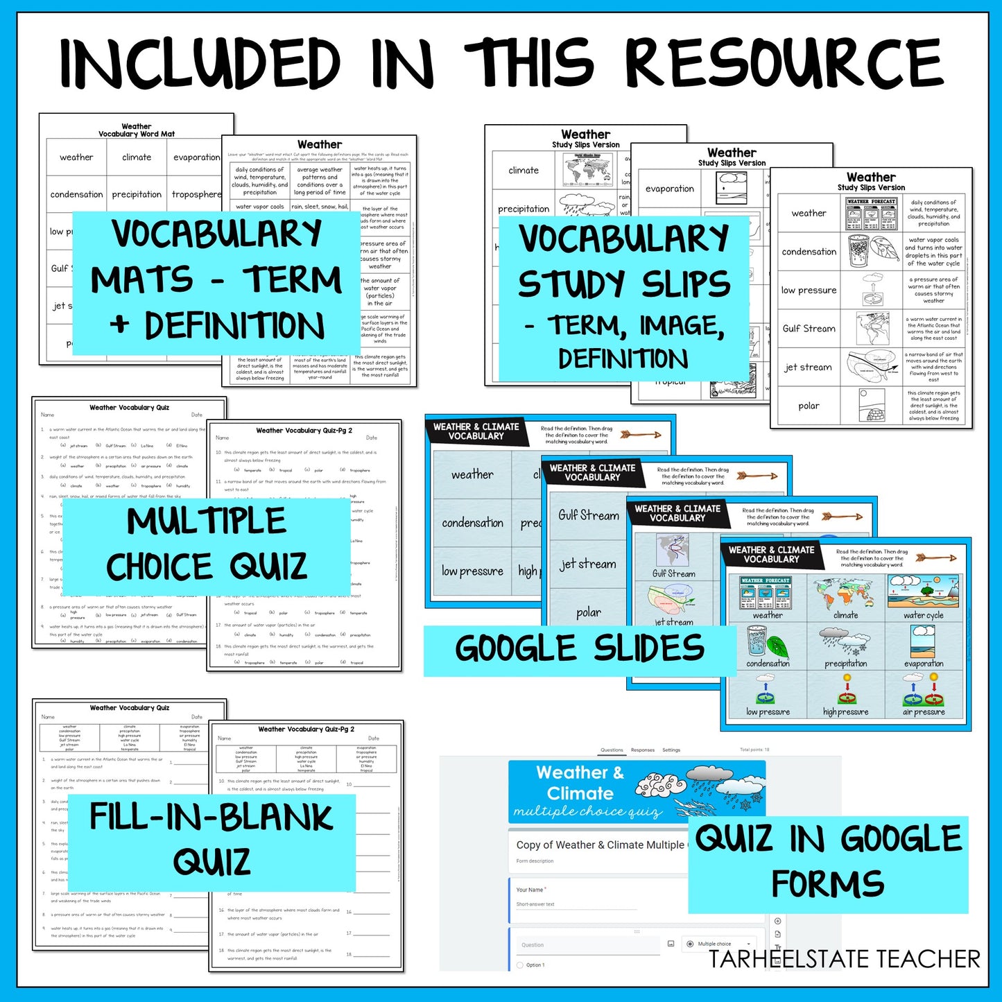 Educational resources including vocabulary mats, study slips, multiple choice quiz, Google Slides, fill-in-blank quiz, and quiz in Google Forms 