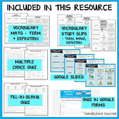Educational resources including vocabulary mats, study slips, multiple choice quiz, Google Slides, fill-in-blank quiz, and quiz in Google Forms 