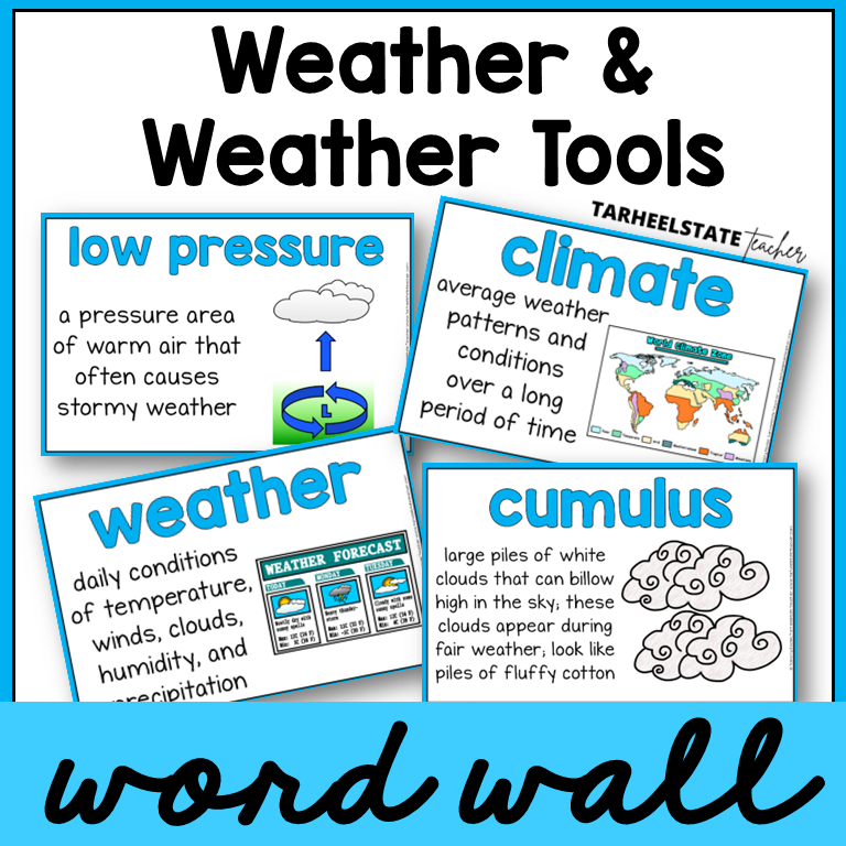 Educational posters about weather tools and climate with definitions and illustrations for science word wall or bulletin board