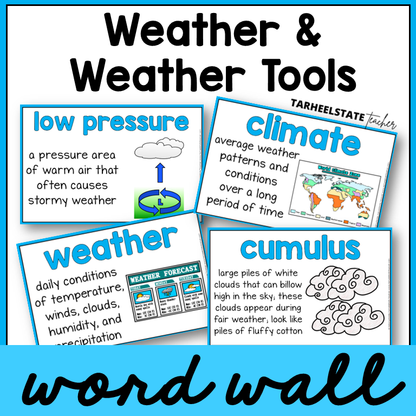 Educational posters about weather tools and climate with definitions and illustrations for science word wall or bulletin board
