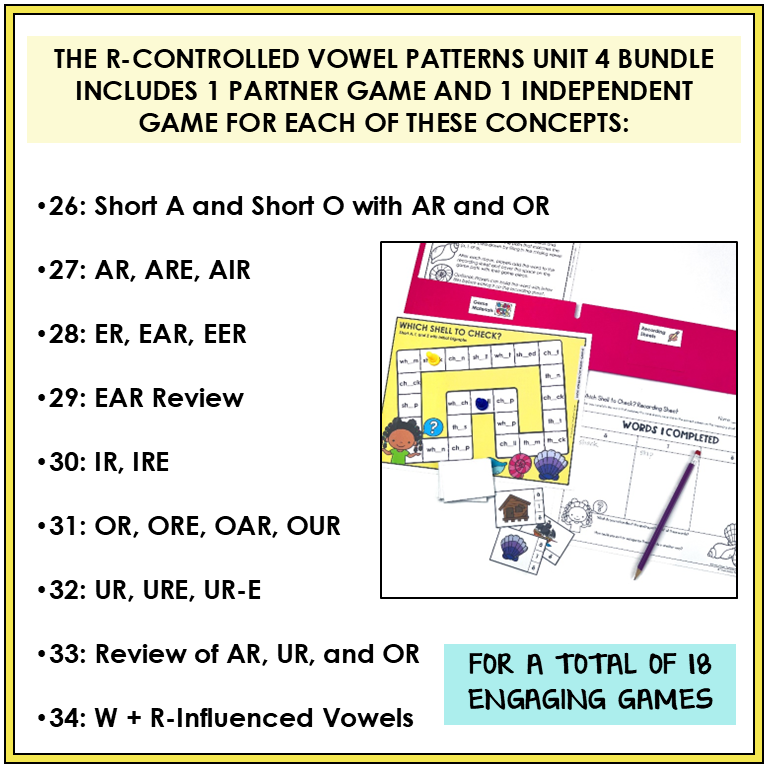 Educational materials for teaching R-controlled vowel patterns with games and activities.