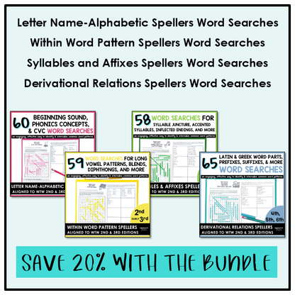 Mega Bundle includes all four levels of Words Their Way - Word search activities for all word lists in Letter Name-Alphabetic Spellers, Within Word Pattern Spellers, Syllables & Affixes Spellers, and Derivational Relations Spellers