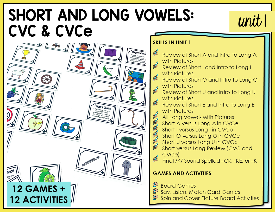 12 partner games and 12 independent activities for students to engage in to practice short and long vowels with cvc and cvce spelling patterns