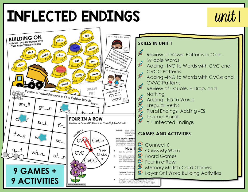 Educational materials on inflected endings with partner games and independent activities in the Syllables and Affixes stage.