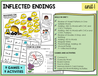 Educational materials on inflected endings with partner games and independent activities in the Syllables and Affixes stage.