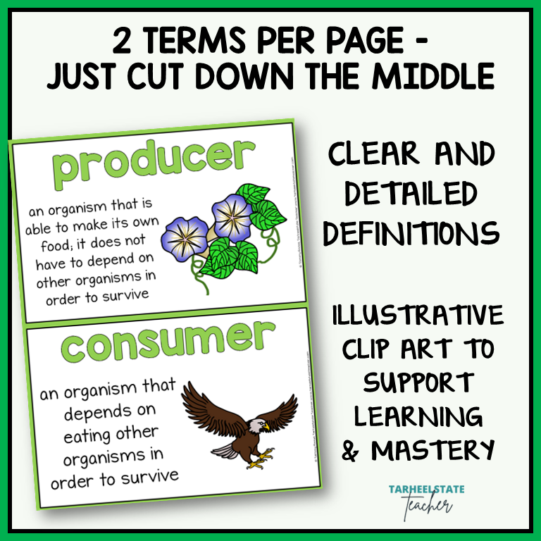 Biomes and Ecosystems vocabulary terms on anchor charts with illustrative clip art for science word wall or bulletin board 