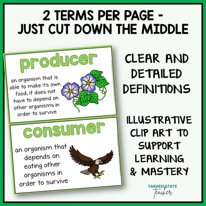 Biomes and Ecosystems vocabulary terms on anchor charts with illustrative clip art for science word wall or bulletin board 