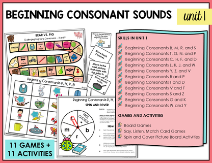 Interactive games and activities for teaching beginning consonant sounds in the Letter Name-Alphabetic stage.