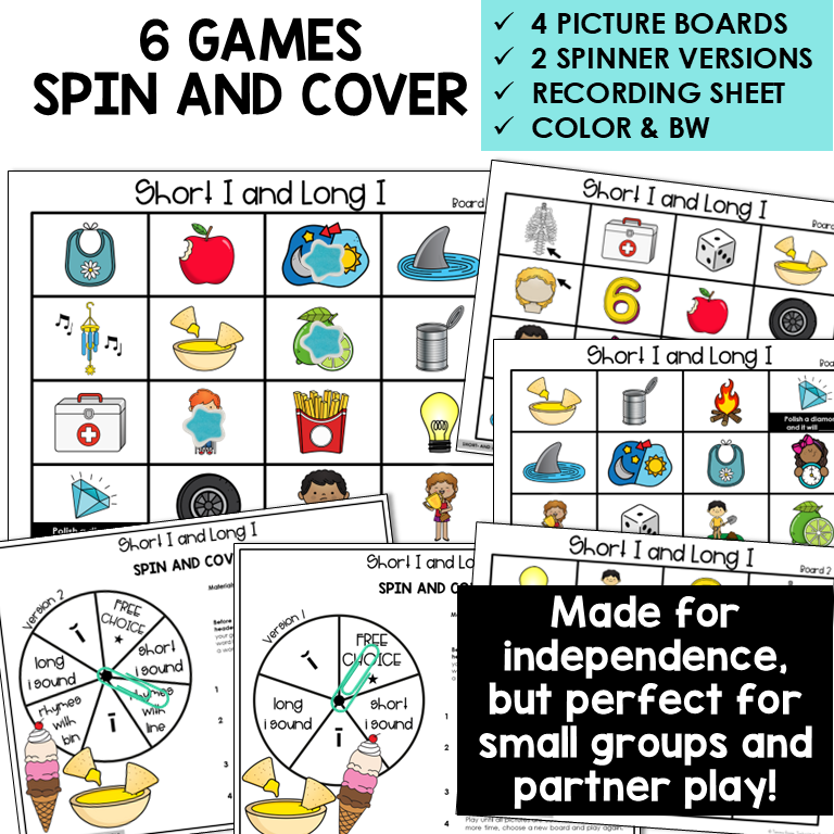 Educational game set for teaching short 'I' and long 'I' sounds with picture boards, spinner versions, and recording sheet.