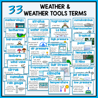 Weather and Climate vocabulary terms on anchor charts with illustrative clip art for science word wall or bulletin board 