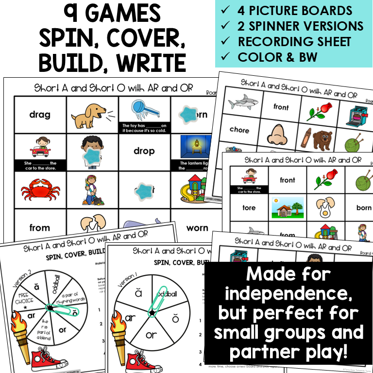 Educational game materials with picture boards, spinner versions, and recording sheet for teaching phonics.