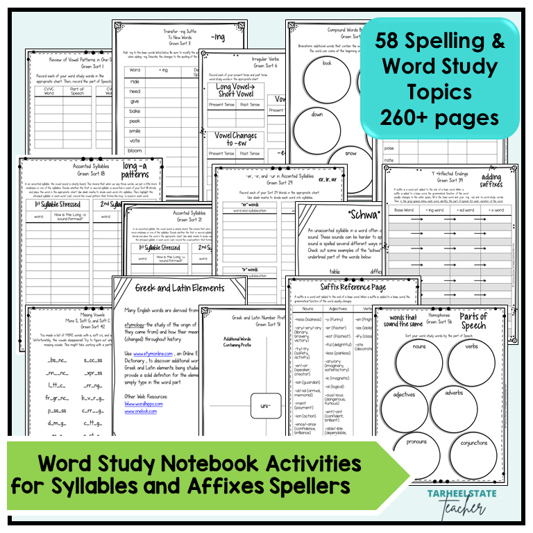 Spelling activities and worksheets in the Syllables and Affixes word study notebook cover inflected endings, compound words, syllable division, long-vowel patterns in accented syllables, variant vowels and r-controlled vowels in accented syllables, unaccented syllables, silent consonants, compound words, homophones, homographs, and an intro to commonly used prefixes and suffixes.